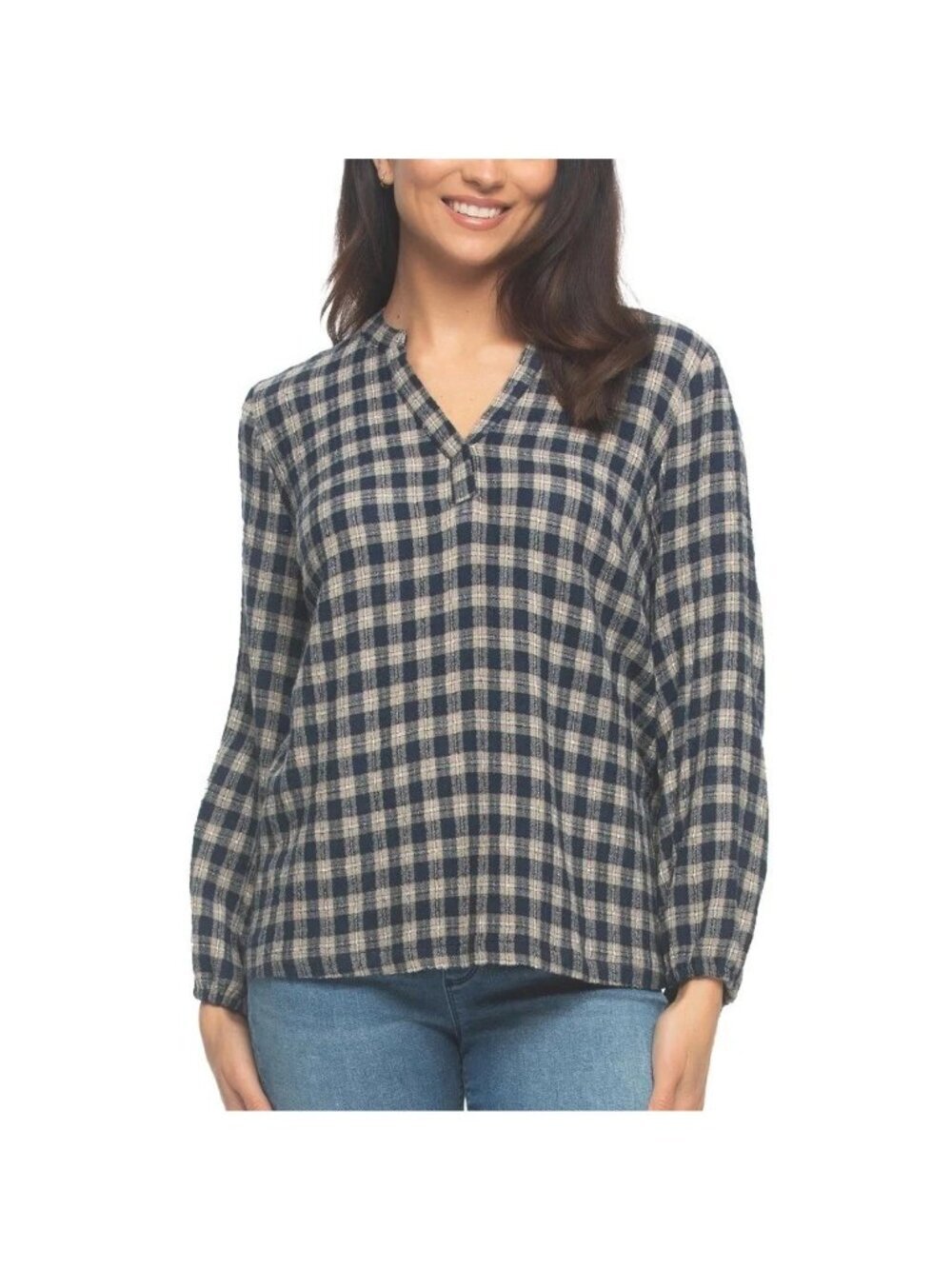 NWT Felina Women's XS Navy Plaid Long Sleeve Blouse Rayon Blend B0529